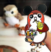 Load image into Gallery viewer, Porg drinking a Dole Whip with his Tiki Room Bag Pin
